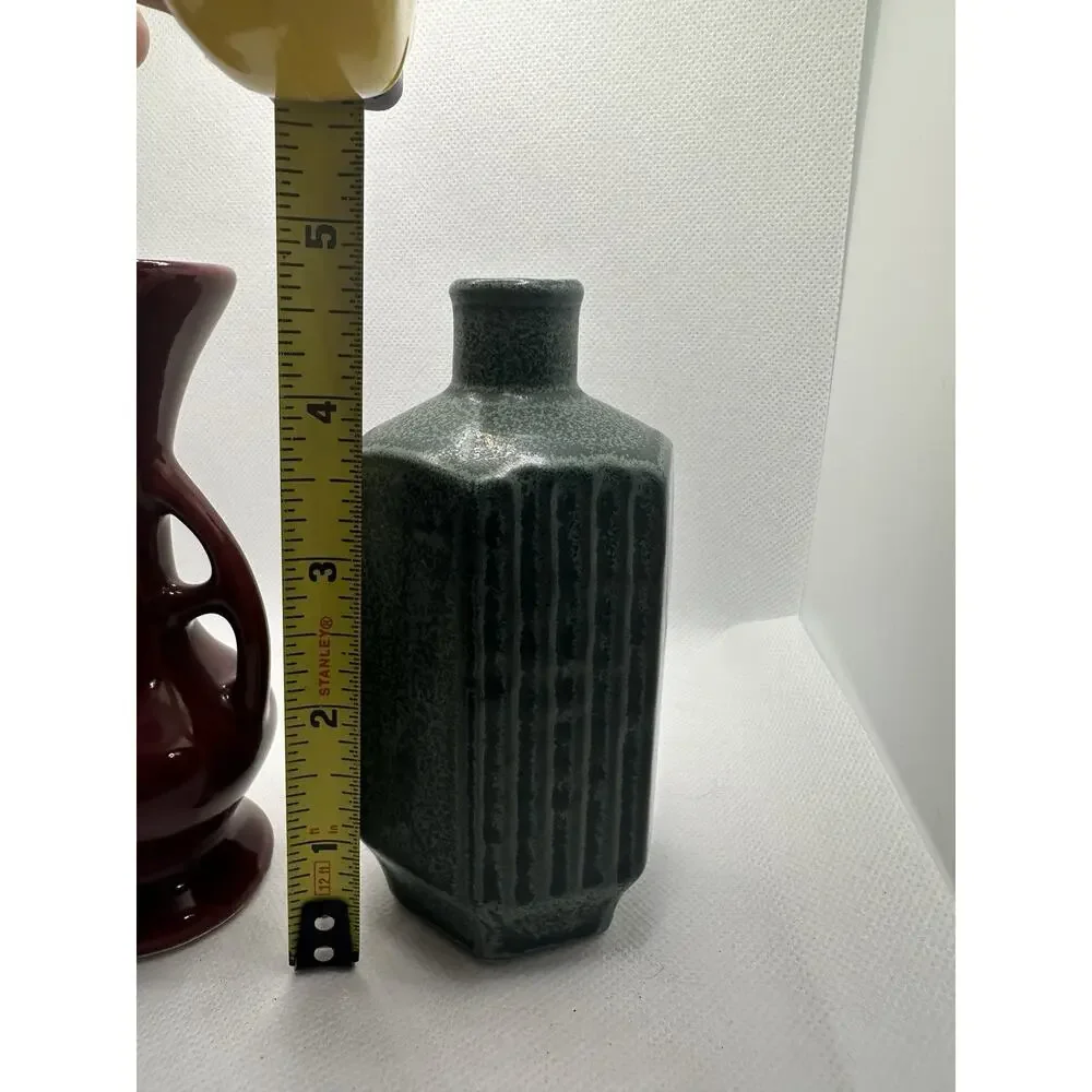 2 Small Vases Lot; 1 Maroon Amphora Style, 1 Green Japanese Sake Bottle/Bud Vase